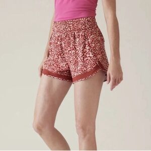 Athleta Mesh Racer Run High‎ Rise 3" Shorts SMALL NWOT Red Rust Pink Printed